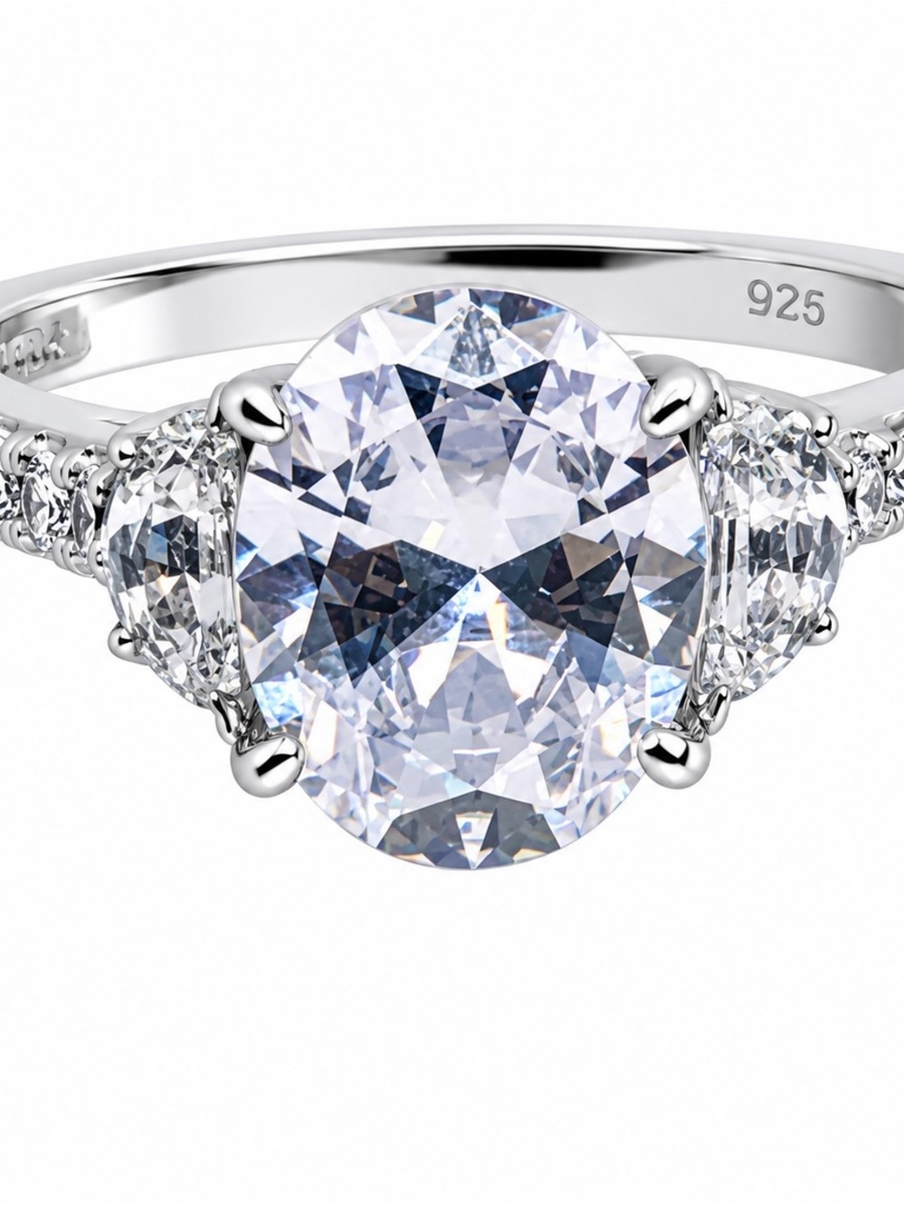 Sterling Silver Oval White Cubic Zirconia Three-Stone Engagement Ring